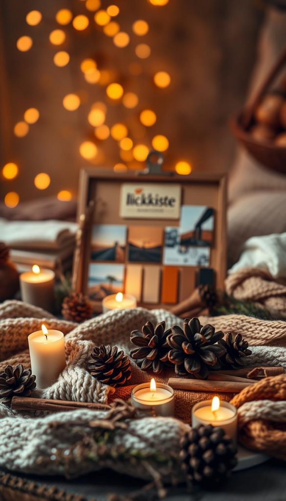 A cozy moodboard with a rustic winter aesthetic. Warm tones of cream, ochre, and terracotta, accented by metallic gold and natural wood tones. Textures of knitted fabrics, dried botanicals, and flickering candles create a inviting, homely atmosphere. In the foreground, a flatlay arrangement of seasonal elements like pine cones, cinnamon sticks, and gently smoldering incense. The middle ground features a wooden board or frame, subtly branded with the KlickKiste logo, displaying inspiring images and color swatches. The background is a soft, hazy blur of blurred bokeh lights, evoking the feeling of a cozy, festive gathering. Moody, autumnal lighting casts a gentle glow over the entire scene.