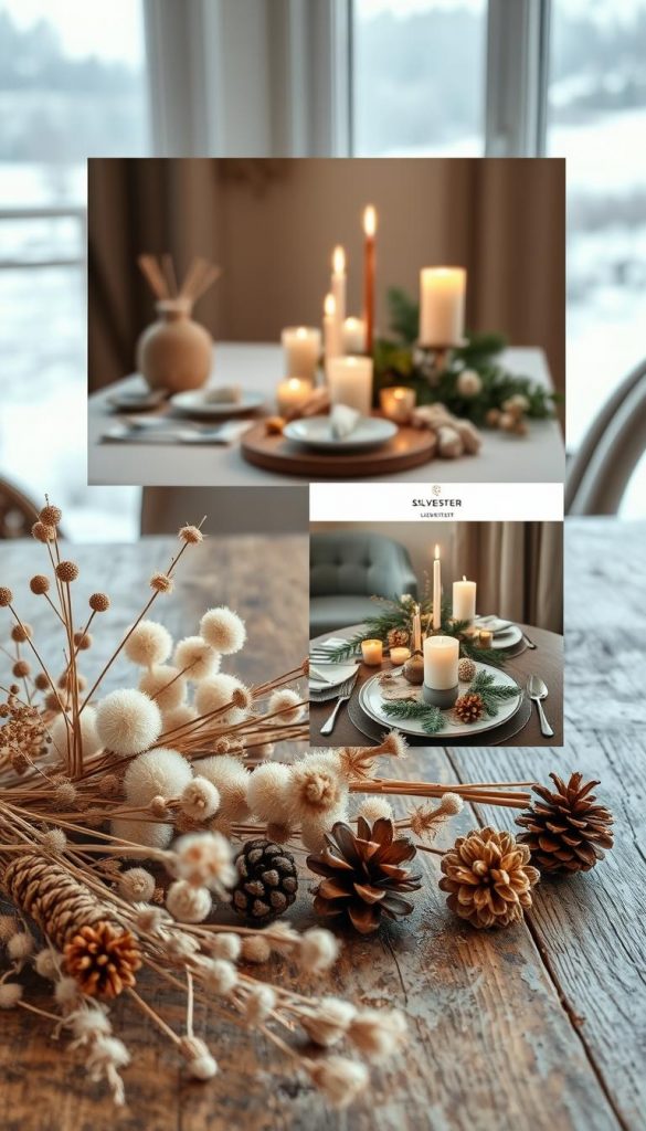 A cozy moodboard with a warm, natural aesthetic, featuring winter textures and colors. In the foreground, a collection of DIY-style objects - dried flowers, pinecones, and natural fibers - artfully arranged on a rustic wooden surface. In the middle ground, a KlickKiste product showcasing a stylish Silvester table setting with candlelight, metallics, and seasonal foliage. The background is softly lit, with a winter landscape hinted at through a window, creating a serene, inspirational atmosphere. The overall mood is inviting, authentic, and Pinterest-worthy.