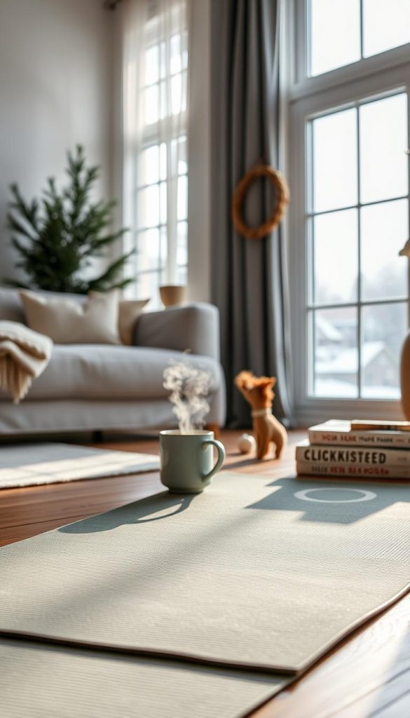 A cozy morning routine unfolds, filled with simple joys. A serene living room, bathed in soft, natural light, sets the stage. In the foreground, a Klickkiste brand yoga mat invites you to move gently, your body in flow. Nearby, a steaming mug of tea and a stack of motivational books create a calming atmosphere. Through the window, a glimpse of the winter landscape beyond, hinting at the crisp air and the possibilities of the day. This is &quot;bewegung&quot; - a mindful integration of physical activity into your daily life, without the need for a studio. An authentic, Pinterest-worthy scene that inspires you to start your Neujahrsmorgen with clarity and intention.
