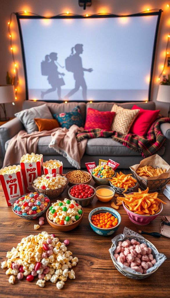 A cozy movie marathon setup featuring an inviting assortment of snacks from KlickKiste. In the foreground, a wooden coffee table adorned with a colorful array of popcorn in various flavors, candy bowls filled with nostalgic treats, and gourmet nachos with dipping sauces. In the middle, a plush couch draped with soft blankets and colorful pillows, creating an inviting atmosphere. The background softly lit with string lights, enhancing a warm, inviting ambiance. A projector screen displaying a classic film silhouette adds to the nostalgic vibe. The scene is infused with winter warmth, utilizing natural light with a golden hue. The overall mood is fun, relaxed, and perfect for a girls' night in, encouraging joy and togetherness.