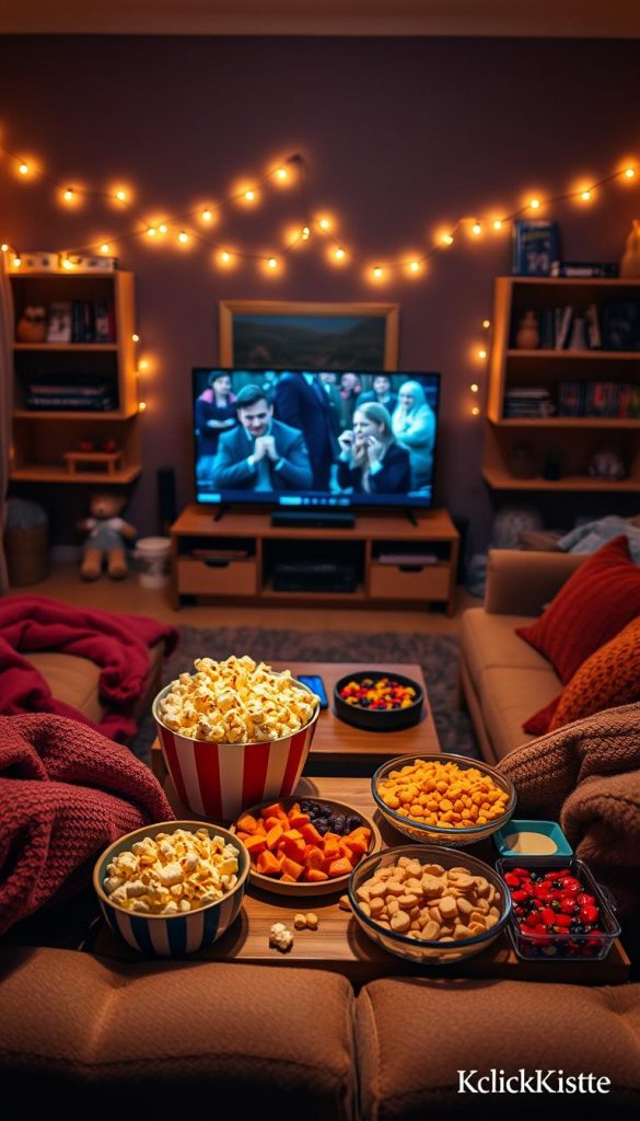 A cozy movie night scene featuring a warm, inviting living room setup. In the foreground, a plush couch adorned with soft blankets and colorful pillows, surrounded by a selection of delicious snacks: classic popcorn in a striped bowl, vibrant fruit platters, and assorted candy neatly arranged on a wooden coffee table. In the middle, a large flat-screen TV displays a classic movie scene, casting a soft glow. The background features dimly lit fairy lights and natural wooden shelves filled with DVDs and cozy decorations. The lighting is warm and ambient, creating a snug atmosphere reminiscent of a winter evening. The style is authentically DIY, inspired by Pinterest aesthetics, promoting a comforting vibe. A subtle presence of the brand “KlickKiste” is apparent in the homey decor elements.