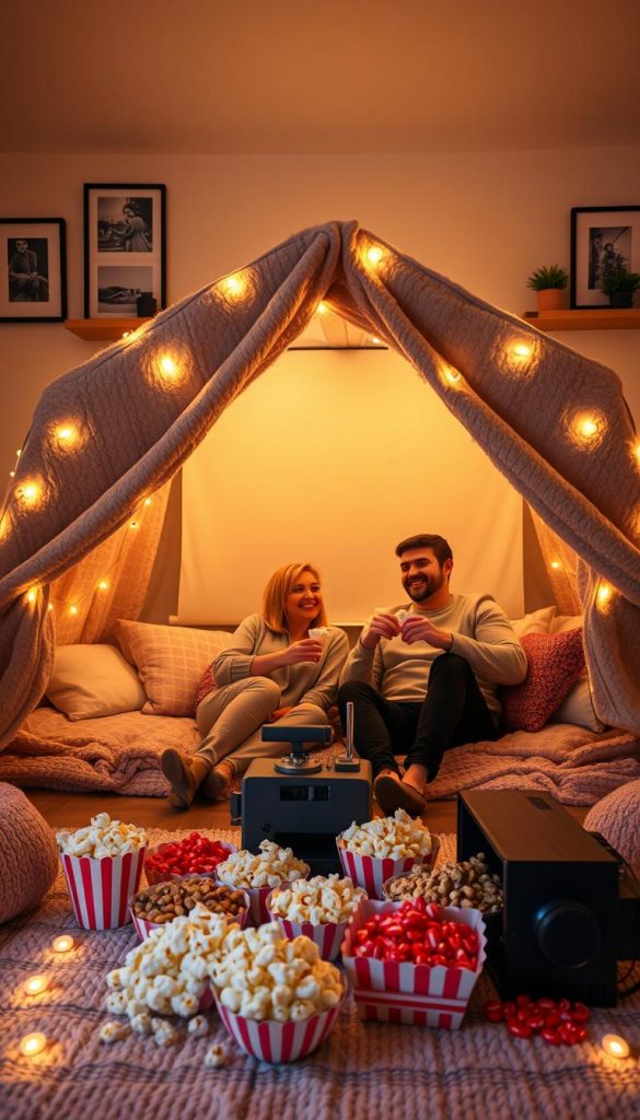 A cozy movie night setup in a warmly lit living room, featuring a soft blanket fort made of fairy lights and plush cushions. In the foreground, a couple in modest casual clothing sits closely together, sharing popcorn and smiling at a vintage projector casting a classic film onto a white wall. The middle ground showcases a neatly arranged assortment of themed snacks like popcorn and candy, while in the background are cozy decorations including potted plants and framed art. The warm color palette evokes a sense of intimacy and comfort, enhancing the winter vibes. The scene embodies an authentic, Pinterest-worthy aesthetic, inspired by the brand "KlickKiste", inviting a heartwarming and relaxed atmosphere perfect for a special night in. A cozy movie night setup in a warmly lit living room, featuring a soft blanket fort made of fairy lights and plush cushions. In the foreground, a couple in modest casual clothing sits closely together, sharing popcorn and smiling at a vintage projector casting a classic film onto a white wall. The middle ground showcases a neatly arranged assortment of themed snacks like popcorn and candy, while in the background are cozy decorations including potted plants and framed art. The warm color palette evokes a sense of intimacy and comfort, enhancing the winter vibes. The scene embodies an authentic, Pinterest-worthy aesthetic, inspired by the brand "KlickKiste", inviting a heartwarming and relaxed atmosphere perfect for a special night in.