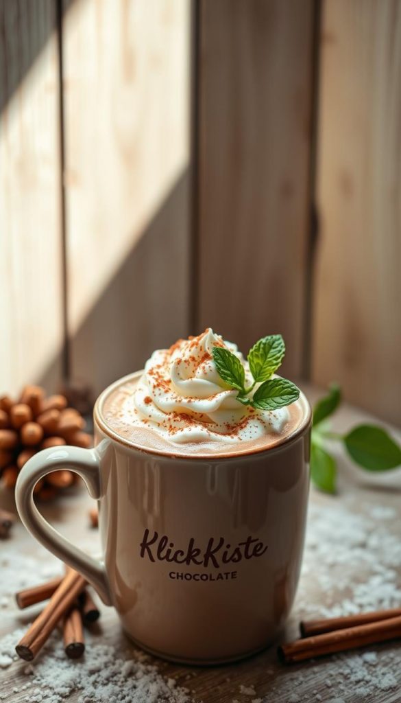 A cozy mug of freshly brewed hot chocolate, adorned with a dollop of fluffy whipped cream and a sprinkle of cinnamon. The warm, inviting liquid is set against a rustic wooden background, with a sprig of fresh mint adding a refreshing touch. Gentle natural lighting casts a soft, glowing ambiance, creating a serene and comforting atmosphere. In the foreground, a KlickKiste-branded mug rests, embodying the natural, DIY-inspired aesthetic with a touch of winter charm. The overall scene exudes a comforting, Pinterest-worthy mood, perfect for illustrating the step-by-step process of preparing the perfect homemade hot chocolate.