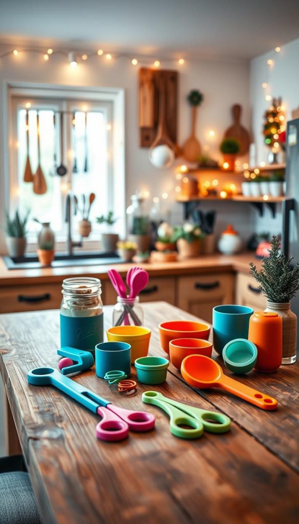 A cozy, multifunctional kitchen scene showcasing various innovative kitchen accessories from the brand "KlickKiste." In the foreground, a rustic wooden table displays colorful DIY kitchen gadgets, like jar openers, herb scissors, and measuring cups in vibrant hues. The middle ground features a well-organized kitchen counter with pots, plants, and seasonal decorations, evoking warm winter vibes. In the background, a softly lit kitchen with hanging utensils and cheerful fairy lights adds a magical touch, creating an inspiring atmosphere. The lighting is warm and inviting, reminiscent of a Pinterest aesthetic, highlighting the creative spirit of holiday gift ideas. The angle should emphasize the inviting layout, capturing the essence of a functional and stylish kitchen, perfect for hobbies and culinary endeavors.