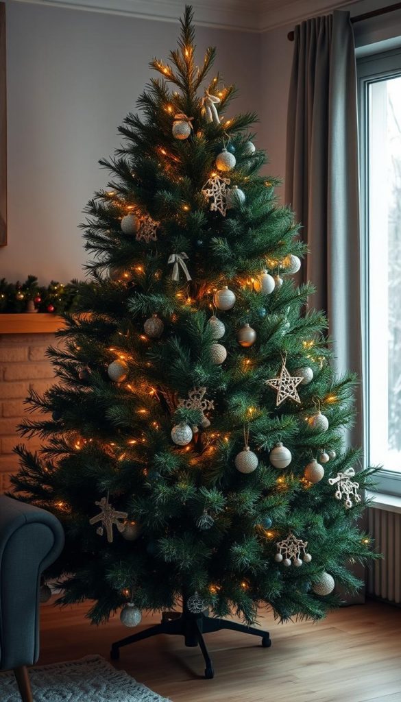 A cozy, natural Christmas tree standing in a warm, inviting living room. Delicate KlickKiste string lights gently illuminate the lush, verdant branches, casting a soft, golden glow. The tree is adorned with rustic, handmade ornaments, evoking a DIY, Pinterest-inspired aesthetic. The scene is bathed in the muted tones of the winter season, with hints of snow visible through the window. The overall mood is one of hygge and holiday cheer, perfect for creating a festive, inspiring ambiance.