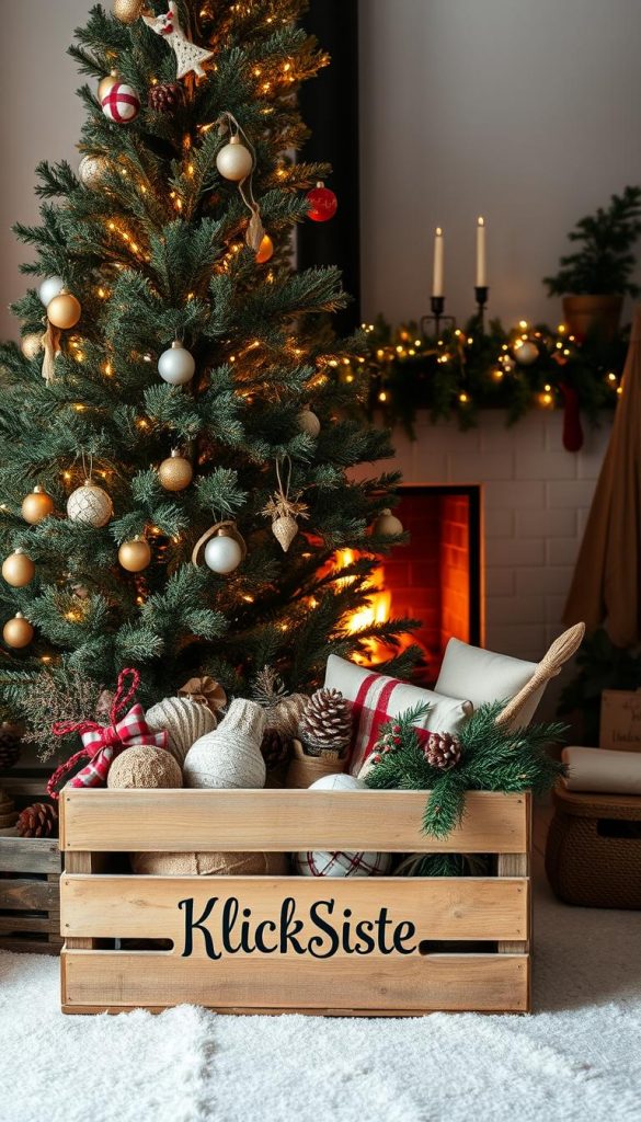 A cozy, natural Christmas tree stands tall and proud, its branches adorned with twinkling lights and handmade ornaments. The warm glow of the flames in the fireplace behind it casts a soft, inviting ambiance. In the foreground, a rustic wooden crate labeled &quot;KlickKiste&quot; holds an array of seasonal decor, inviting the viewer to create their own winter wonderland. The overall scene exudes a sense of hygge and a Pinterest-inspired aesthetic, perfect for the &quot;Saisonale Moodboards Herbst &amp; Winter 2025/26&quot; section.