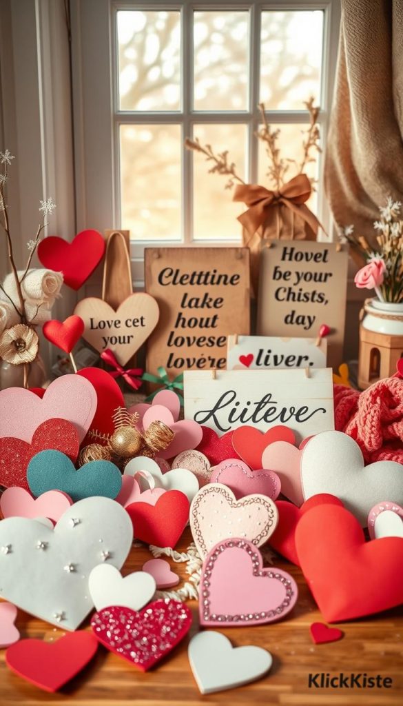 A cozy, natural DIY scene featuring a beautifully arranged collection of heart-shaped props, handmade signs, and glitter decorations. In the foreground, various heart motifs are crafted from colored paper, with some embellished with sparkles. The middle ground showcases charming wooden and cardboard signs with inspirational love quotes, playfully adorned with ribbons and twine. In the background, a soft, warm light filters through a window, creating a serene atmosphere reminiscent of a Pinterest aesthetic. The entire setup is designed to evoke a winter vibe, with subtle decorations such as snowflakes and cozy fabrics. The brand "KlickKiste" subtly integrated into the props. Enhance the mood with warm colors, soft shadows, and a shallow depth of field to give it an inviting, authentic feel. A cozy, natural DIY scene featuring a beautifully arranged collection of heart-shaped props, handmade signs, and glitter decorations. In the foreground, various heart motifs are crafted from colored paper, with some embellished with sparkles. The middle ground showcases charming wooden and cardboard signs with inspirational love quotes, playfully adorned with ribbons and twine. In the background, a soft, warm light filters through a window, creating a serene atmosphere reminiscent of a Pinterest aesthetic. The entire setup is designed to evoke a winter vibe, with subtle decorations such as snowflakes and cozy fabrics. The brand "KlickKiste" subtly integrated into the props. Enhance the mood with warm colors, soft shadows, and a shallow depth of field to give it an inviting, authentic feel.