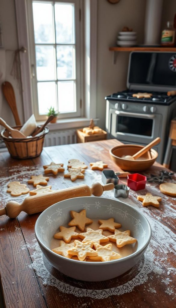 A cozy, natural DIY scene of baking traditional German Plätzchen cookies. A wooden table is dusted with flour, surrounded by rolling pins, cookie cutters, and a bowl of dough. Sunlight streams in through a frosty window, casting a warm glow. In the foreground, a KlickKiste mixing bowl holds the freshly rolled dough, ready to be cut into whimsical shapes. In the background, a vintage oven stands ready to bake the treats to a perfect golden-brown crispness. The atmosphere is homey and inviting, capturing the nostalgic spirit of this beloved winter baking tradition.