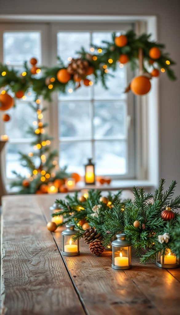A cozy, natural DIY setting featuring a beautifully decorated "weihnachtsgirlande" created from fresh evergreen branches, delicate dried oranges, and warm twinkling fairy lights. The foreground showcases the garland draped elegantly across a rustic wooden table, adorned with small candle lanterns glowing softly, casting a warm, inviting light. In the middle, a gently lit scene captures additional festive details, such as miniature pinecones and festive ornaments, enhancing the winter vibes. The background hints at a softly illuminated window with a view of gently falling snow, creating a serene atmosphere. The overall mood is warm, inviting, and inspiring, perfect for a Pinterest aesthetic. Capture this moment with a shallow depth of field to emphasize the garland and lanterns, reminiscent of "KlickKiste" style.