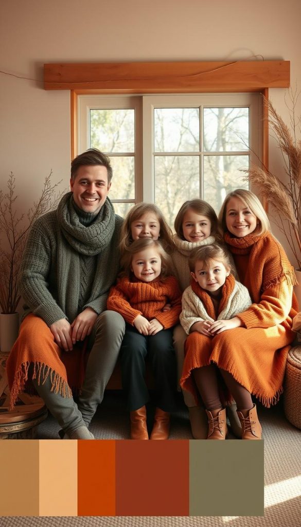 A cozy, natural family photo with a harmonious color palette. Warm, earthy tones like terracotta, ochre, and sage create a winter-inspired, DIY-style aesthetic. Soft, diffused lighting bathes the scene in a glow, emphasizing the Pinterest-worthy "KlickKiste" capsule wardrobe combinations. Authentic expressions and relaxed poses convey a sense of togetherness and comfortable familiarity. The overall mood is inviting, inspiring, and perfectly suited for a family portrait.
