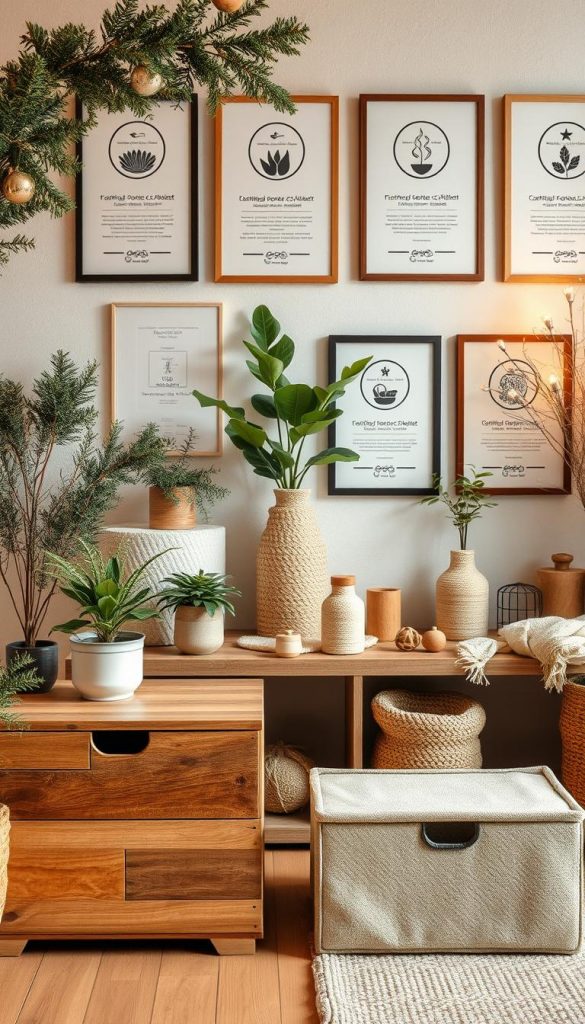 A cozy, natural indoor setting that emphasizes sustainability, featuring an assortment of eco-friendly products certified for their materials. In the foreground, there are stylish storage solutions from the brand "KlickKiste," crafted from reclaimed wood and organic textiles. The middle layer showcases elegant decor items such as potted plants and recycled decorative elements, surrounded by soft, warm lighting that creates an inviting atmosphere. In the background, a minimalist wall adorned with framed sustainability certifications adds authenticity, enhanced by gentle winter vibes with hints of seasonal decorations. The image should evoke a sense of inspiration and tranquility, highlighted by a warm color palette that brings a Pinterest-worthy aesthetic to life. Ensure the composition feels harmonious and visually appealing, encapsulating the theme of making conscious choices for small living spaces.