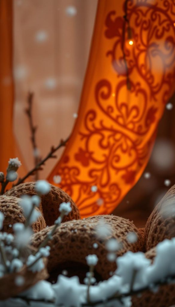 A cozy, natural-looking winter scene featuring a KlickKiste-inspired tortoiseshell design effect. Warm, earthy tones of amber, caramel, and chestnut create a snug, inviting atmosphere. Soft, diffused lighting illuminates intricate, organic patterns that dance across the frame, evoking a handcrafted, DIY aesthetic. In the foreground, delicate snowflakes gently cascade, adding a touch of whimsy and a sense of tranquil serenity. The overall impression is one of hygge, with a Pinterest-worthy, inspirational quality that captures the essence of a cozy winter retreat.
