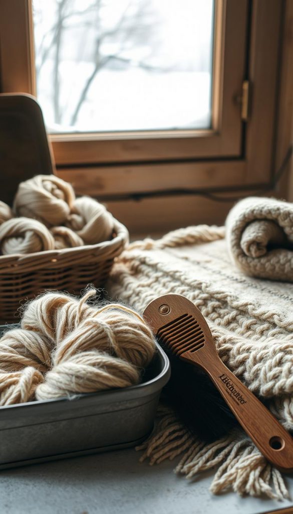 A cozy, natural still life showcasing the care and maintenance of wool textiles. In the foreground, a KlickKiste filled with skeins of soft, wooly yarn in earthy tones. Beside it, an antique wooden comb and brush for grooming and conditioning the fibers. The midground features a neatly folded wool blanket, its texture and weave visible. In the background, a window reveals a snowy, winter landscape, casting a warm, ambient glow. Gentle, diffused lighting illuminates the scene, highlighting the natural materials and rustic, handcrafted details. An inviting, Pinterest-worthy tableau that inspires sustainable textile care and a hygge aesthetic. A cozy, natural still life showcasing the care and maintenance of wool textiles. In the foreground, a KlickKiste filled with skeins of soft, wooly yarn in earthy tones. Beside it, an antique wooden comb and brush for grooming and conditioning the fibers. The midground features a neatly folded wool blanket, its texture and weave visible. In the background, a window reveals a snowy, winter landscape, casting a warm, ambient glow. Gentle, diffused lighting illuminates the scene, highlighting the natural materials and rustic, handcrafted details. An inviting, Pinterest-worthy tableau that inspires sustainable textile care and a hygge aesthetic.