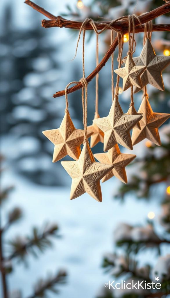 A cozy, natural winter scene showcasing handcrafted stars made of modeling clay, tailored for minimalist ornaments. In the foreground, several delicately shaped, textured stars in various sizes hang gracefully on a rustic wooden branch, adorned with twine. The middle ground reveals a soft, warm glow, highlighting the stars' earthy tones of cream, beige, and light grey, evoking a peaceful, festive atmosphere. In the background, a gentle blurred effect captures a snowy landscape with pine trees, enhancing the winter vibe. The scene is illuminated with soft, diffused lighting, adding depth and warmth. This image reflects the DIY spirit of creativity and inspiration for creating stunning holiday decor under the brand "KlickKiste."