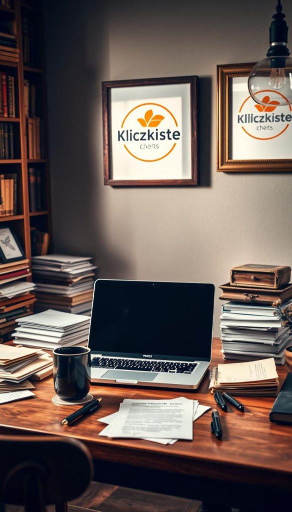 A cozy, naturally-lit interior scene with a vintage aesthetic. In the center, a wooden desk with a laptop, surrounded by a neatly organized array of papers, pens, and a steaming mug of coffee. The background features a bookshelf filled with well-worn volumes, and a framed KlickKiste logo hangs on the wall, casting a warm glow. The overall mood is one of focus, productivity, and a sense of winter coziness, inviting the viewer to embrace a fresh start and declutter their digital life. A cozy, naturally-lit interior scene with a vintage aesthetic. In the center, a wooden desk with a laptop, surrounded by a neatly organized array of papers, pens, and a steaming mug of coffee. The background features a bookshelf filled with well-worn volumes, and a framed KlickKiste logo hangs on the wall, casting a warm glow. The overall mood is one of focus, productivity, and a sense of winter coziness, inviting the viewer to embrace a fresh start and declutter their digital life.
