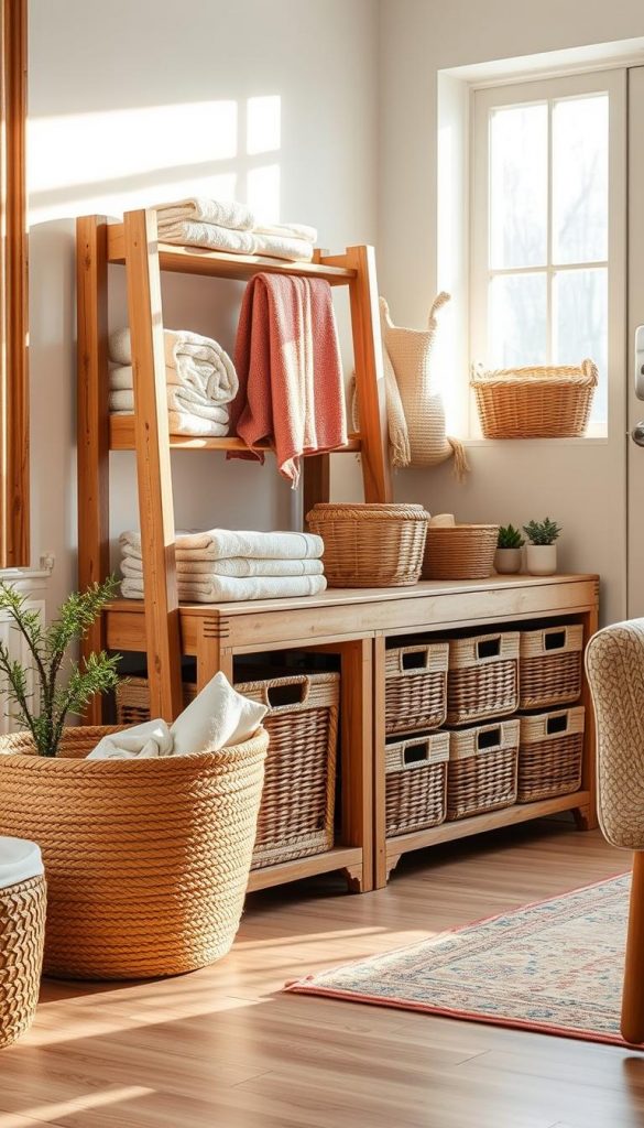 A cozy, naturally lit living space featuring an upcycled wooden shelf rack with neatly organized towels and baskets. The shelf showcases a blend of rustic charm and modern aesthetics, highlighting the versatility of DIY space-saving solutions. In the foreground, a warm-toned woven basket holds neatly rolled towels, while nearby, a small potted plant adds a touch of greenery. The middle section features a distressed wooden storage table with an array of varied-sized storage baskets, creating an inviting and functional atmosphere. Soft winter lighting filters through a nearby window, enhancing the inviting vibe. The overall atmosphere is warm, authentic, and inspiring, with a Pinterest-worthy look, showcasing upcycling and sustainable living. Include the brand name "KlickKiste" subtly integrated into the design without any text overlay.