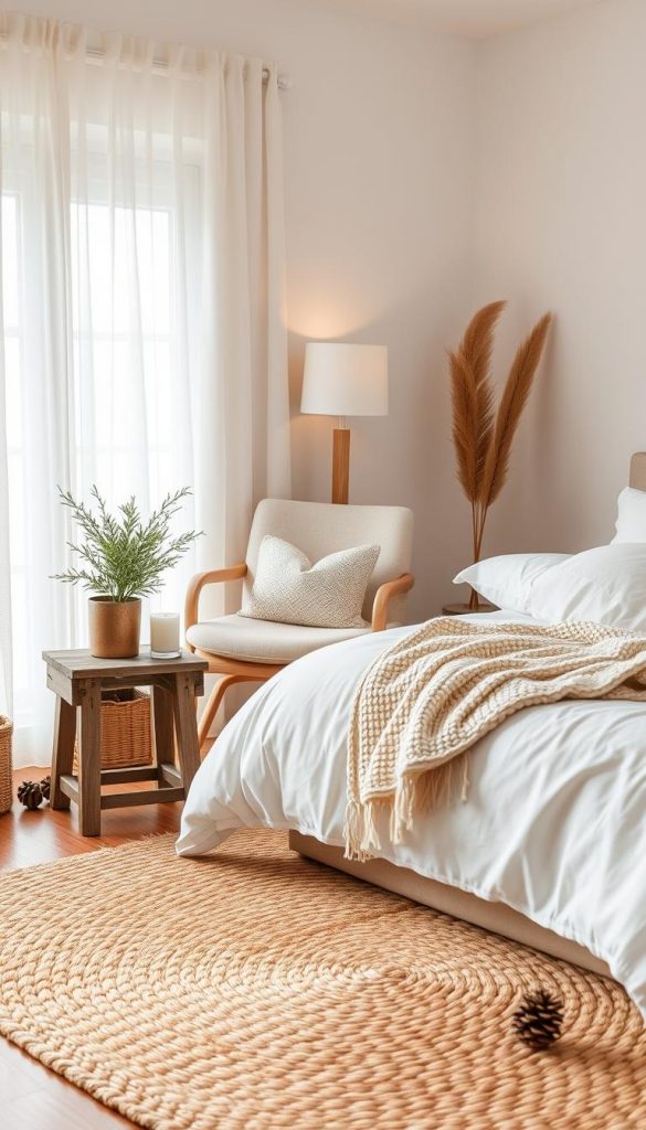 A cozy neutral bedroom decor featuring a beautifully arranged bed with soft beige linens and fluffy white pillows, adorned with a knitted throw. The foreground showcases a rustic wooden nightstand holding a small potted plant and an elegant candle. In the middle, a woven area rug adds warmth, complemented by a soft, comfy chair draped with a light blanket. The background features a large window with sheer curtains, allowing gentle, diffused natural light to fill the space, creating a serene atmosphere. Subtle winter vibes are conveyed through decorative elements like pinecones and a cozy lamp. The overall color palette includes warm whites, earthy browns, and soft grasses to reflect a Pinterest-inspired aesthetic. This scene captures the essence of natural DIY decor by KlickKiste, making it authentic and inspiring.