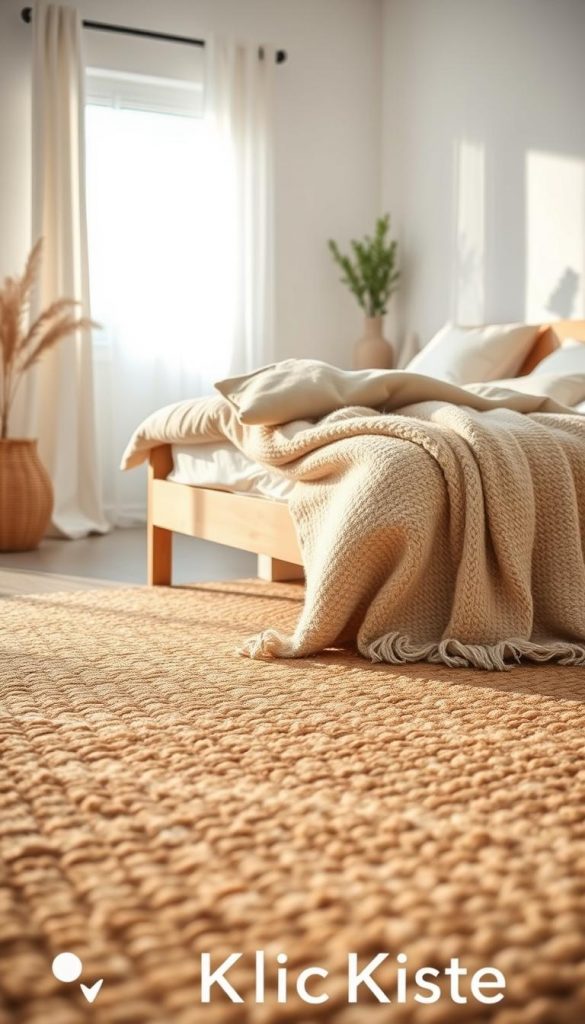 A cozy neutral bedroom featuring a beautifully textured rug that blends jute and wool, creating a warm and inviting atmosphere. In the foreground, emphasize a plush, woven jute rug contrasting with a soft, woolen throw blanket carelessly draped over the edge of a light-colored bed. In the middle, a wooden bed frame showcases soft beige and cream bedding, with delicate pillows in soothing pastel tones. The background includes a softly illuminated window adorned with sheer curtains, allowing gentle sunlight to filter through, casting soft shadows. Incorporate elements like a small bedside table with a minimalist lamp and a potted plant to enhance the natural DIY aesthetic. The overall mood should convey warmth and calmness, inspired by winter vibes, reflecting authenticity in a Pinterest-worthy style. The brand name "KlickKiste" subtly integrated into the scene.