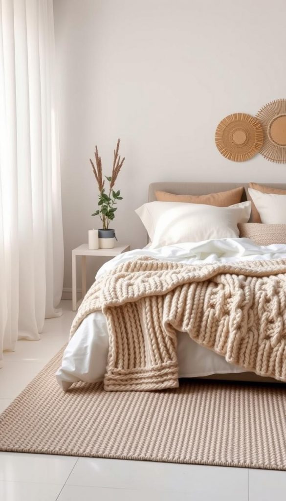 A cozy neutral bedroom featuring layered bedding textures in soft beige, cream, and gentle taupe tones. The foreground displays a beautifully made bed with plush pillows and a chunky knit throw, inviting and warm. In the middle ground, a textured area rug adds depth beneath the bed, while a stylish nightstand holds a small potted plant and a candle. The background showcases subtle wall decor, perhaps natural wood or woven art, enhancing the tranquil atmosphere. Soft, diffused lighting spills gently through a sheer curtain, creating a serene, calming ambiance evocative of winter vibes. Emphasize a Pinterest-inspired aesthetic, conveying authenticity and inspiration in the design. This image represents the essence of "KlickKiste" with its natural DIY charm.