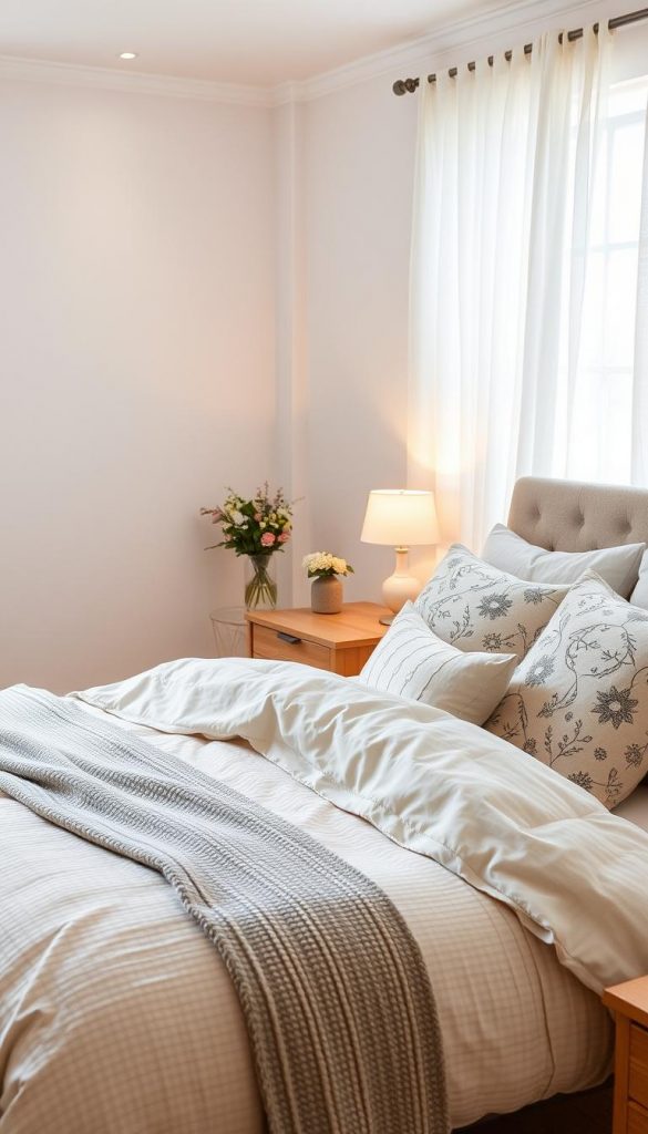 A cozy neutral bedroom featuring subtle patterns, elegantly combining stripes, geometric shapes, and delicate florals. In the foreground, a beautifully arranged bed with soft, textured bedding in muted tones, accentuated by patterned throw pillows. The middle ground showcases a stylish nightstand adorned with a warm lamp and a small vase of fresh flowers. In the background, a softly lit window drapes natural light across the room, enhancing the calming atmosphere. Incorporate wooden elements and a plush rug for a warm feel. The overall lighting should be soft and inviting, reminiscent of a Pinterest aesthetic, creating a tranquil winter vibe. This scene embodies authenticity and inspiration for a neutral bedroom design by KlickKiste.