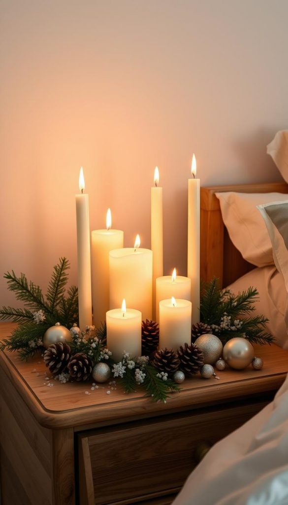 A cozy nightstand adorned with a cluster of elegant ivory candles, their flames casting a warm, inviting glow. The tabletop is accented with delicate sprigs of evergreen, pine cones, and a few ornaments, creating a captivating winter wonderland scene. The soft, diffused lighting creates a serene, contemplative atmosphere, perfect for a peaceful night's rest. The overall aesthetic is natural, rustic, and infused with the comforting spirit of the holiday season, inviting the viewer to imagine themselves cozying up in this serene, festive bedroom.