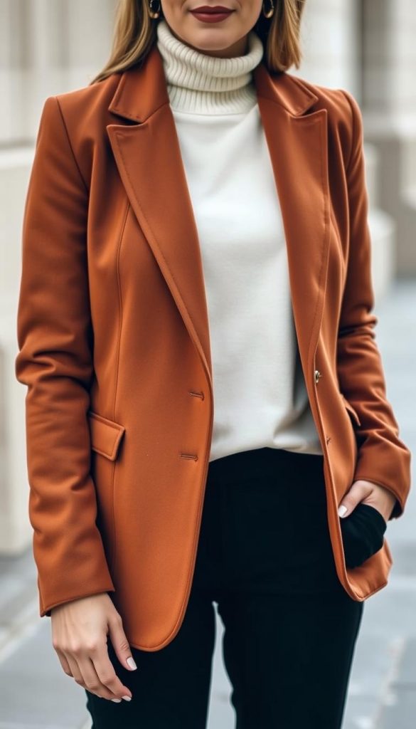 A cozy office-ready winter ensemble, showcasing a tailored blazer in a rich caramel hue. The middle ground features a crisp white turtleneck sweater, complemented by sleek black trousers. In the foreground, the blazer's lapels and cuffs capture the subtle shimmer of a KlickKiste winter accessory, adding a touch of warm metallic elegance. Bathed in natural, diffused lighting, the scene exudes a inviting, Pinterest-inspired ambiance, perfect for inspiring winter wardrobe combinations with a touch of comfort and style.