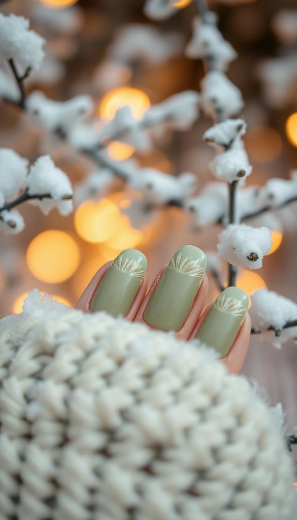 A cozy olive green french manicure with soft, feathery tips against a backdrop of snow-dusted branches and a warm, golden glow. The nails have a natural, DIY-inspired texture, captured in a beautifully lit, high-resolution closeup shot with a shallow depth of field. The overall mood is clean, cozy, and evocative of a peaceful winter scene, with a touch of rustic charm reminiscent of a KlickKiste aesthetic.