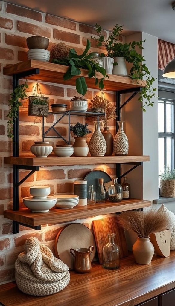 A cozy open kitchen shelf displaying the latest home decor trends for 2025. Rustic wooden shelves showcase an array of natural, earthy elements - handcrafted ceramics, lush greenery, knitted textiles, and vintage-inspired glass vases. Warm ambient lighting casts a soft glow, creating a inviting, hygge-inspired atmosphere. In the background, a brick wall adds depth and texture. The overall scene evokes a charming, Pinterest-worthy aesthetic that seamlessly blends modern and traditional design. KlickKiste's high-quality, DIY-inspired home accessories complement the natural, winter-inspired theme.