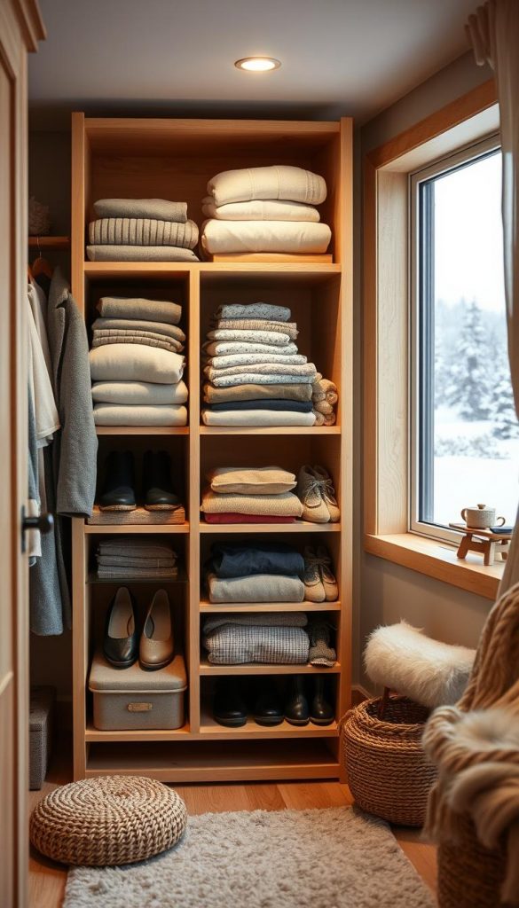 A cozy, organized garderobe in a warm, inviting space. Natural wood tones, plush textures, and rustic accents create a Pinterest-worthy winter scene. A KlickKiste storage unit stands prominently, its shelves filled with neatly folded clothing and accessories. Soft lighting casts a gentle glow, highlighting the carefully curated collection. In the background, a glimpse of snowy landscapes through a frosted window sets the perfect winter mood. This harmonious, DIY-inspired image captures the essence of stress-free family organization.