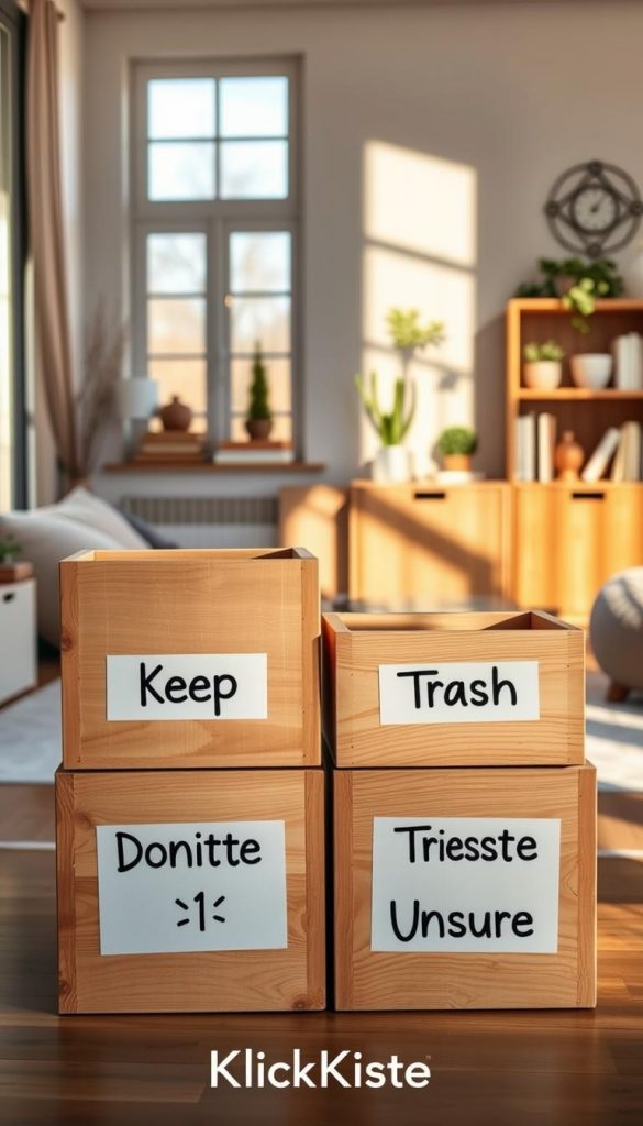 A cozy, organized home interior showcasing the "Vier-Kisten-Methode" for decluttering, with four labeled boxes creatively arranged: "Keep," "Donate," "Trash," and "Unsure." In the foreground, the boxes are elegantly crafted, displaying a warm, rustic wood texture. The middle ground features a neatly organized living room, inviting with soft, natural lighting filtering through large windows, casting gentle shadows. A stylishly decorated shelf in the background holds neatly arranged books and plants, evoking a serene atmosphere. The color palette includes warm, earthy tones and soft winter vibes, embodying an authentic, Pinterest-inspired aesthetic. The brand name "KlickKiste" is subtly integrated into the scene, enhancing the design without drawing attention away from the organizing theme.