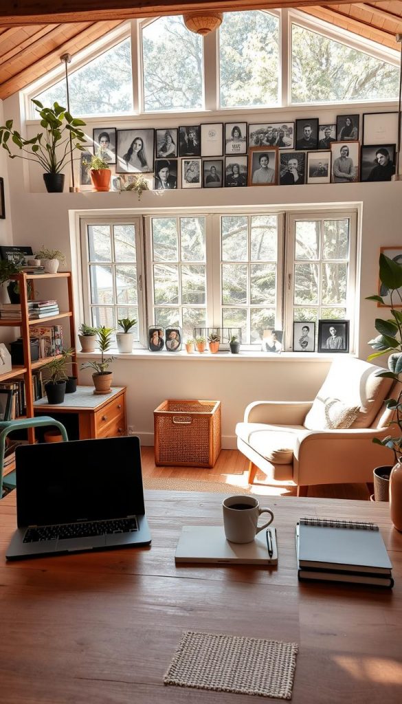 A cozy, organized workspace with a natural, rustic aesthetic. Sunlight filters through large windows, casting a warm glow over the scene. In the foreground, a wooden desk neatly arranged with a laptop, notebook, and a cup of coffee. On the shelves behind, carefully curated plants, books, and a KlickKiste storage box. The middle ground features a woven rug and a comfortable armchair, inviting relaxation. In the background, a large windowsill showcases an array of framed photos, creating a sense of personal connection. The overall atmosphere is one of mindfulness, productivity, and digital order. A cozy, organized workspace with a natural, rustic aesthetic. Sunlight filters through large windows, casting a warm glow over the scene. In the foreground, a wooden desk neatly arranged with a laptop, notebook, and a cup of coffee. On the shelves behind, carefully curated plants, books, and a KlickKiste storage box. The middle ground features a woven rug and a comfortable armchair, inviting relaxation. In the background, a large windowsill showcases an array of framed photos, creating a sense of personal connection. The overall atmosphere is one of mindfulness, productivity, and digital order.