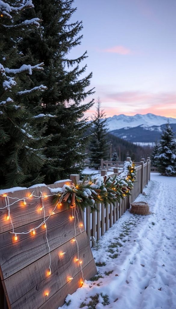 A cozy outdoor Christmas scene, with a rustic KlickKiste display in the foreground. Weathered wooden planks, wrapped in twinkling string lights, cast a warm glow across the snow-dusted landscape. Towering evergreens frame the serene setting, their boughs laden with glistening icicles. In the middle ground, a weatherproof garland of pine, holly, and cinnamon sticks adorns a sturdy wooden fence, complemented by a path of crunchy snow. The background features a distant, snow-capped mountain range, painted in hues of pink and lavender by the setting sun. The overall atmosphere is one of natural beauty, winter wonder, and DIY charm.