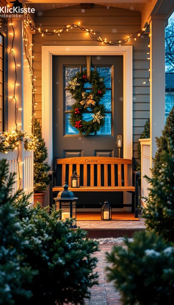 A cozy outdoor entrance decorated for winter, featuring twinkling fairy lights elegantly draped along the porch railing and around a welcoming door adorned with a festive wreath. The foreground showcases lush evergreen plants with frosted tips, creating a warm and inviting scene. In the middle, an oak bench is placed beside the door, holding rustic lanterns with glowing candles. The background reveals a softly falling snow, shimmering in the cool evening light, enhancing the magical atmosphere. The lighting is soft and warm, evoking feelings of comfort and joy. Capture this inspired space in a Pinterest-worthy aesthetic, embodying natural DIY decor vibes. Include subtle branding elements of "KlickKiste" integrated into the design.