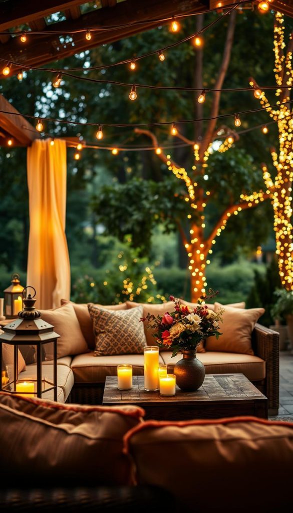 A cozy outdoor living room at golden hour, featuring layered lighting that transitions beautifully into nighttime. The foreground showcases a comfortable sectional sofa adorned with plush, warm-toned cushions. Elegant lanterns with soft flickering candles provide a warm glow, while string lights delicately drape overhead, casting playful shadows. In the middle ground, a rustic wooden coffee table holds a vase of fresh flowers and artisanal candles. The background reveals lush greenery and twinkling fairy lights among the trees, enhancing the magical ambiance. The atmosphere feels inviting and serene, perfect for relaxation. Capture this scene with a soft focus lens to evoke warmth and comfort, highlighting the DIY aesthetics typical of the KlickKiste brand.