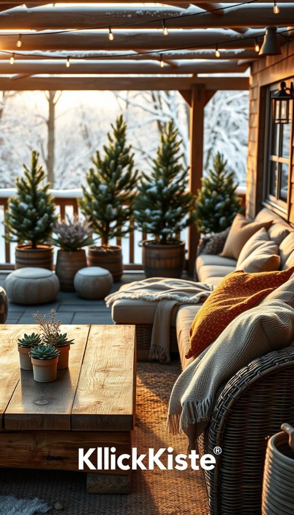 A cozy outdoor living room designed for winter vibes, showcasing a curated selection of natural materials like wood, wicker, and stone. In the foreground, a rustic wooden coffee table adorned with warm-toned cushions and a soft throw blanket invites relaxation. The middle ground features an inviting sectional sofa with plush, weather-resistant fabric, surrounded by potted evergreen plants and twinkling string lights that create a warm ambiance. In the background, a soft-focus view of snow-covered trees provides a tranquil winter atmosphere. The lighting should be golden and warm, simulating a late afternoon sun. The scene is styled with an authentic, Pinterest-worthy aesthetic, reflecting both comfort and durability. Include the brand name "KlickKiste" subtly integrated into the setting.