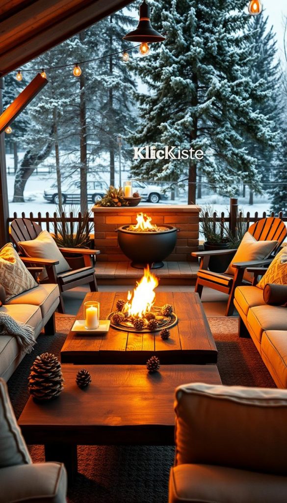 A cozy outdoor living room featuring a charming fireplace at its center, surrounded by comfortable seating with plush cushions in warm earthy tones. The scene is set in a tranquil winter evening ambiance, with soft golden light emanating from the fireplace, casting inviting shadows. In the foreground, a rustic wooden coffee table is adorned with natural decorations, like pinecones and candles. The middle layer includes the beautifully designed fire pit, elegantly incorporated into the setting, flanked by stylish Adirondack chairs. The background features a subtle winter landscape with gentle pine trees dusted with snow, creating a peaceful atmosphere. The image embodies warmth and tranquility, evoking inspiration for cozy outdoor spaces, with the brand name "KlickKiste" seamlessly integrated into the natural aesthetics.