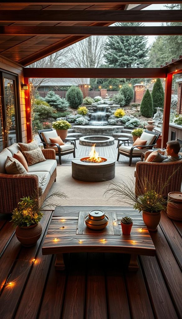 A cozy outdoor living space designed for comfort and relaxation, featuring a stylish wooden deck with a comfortable sectional sofa adorned with warm, textured cushions. In the foreground, a rustic coffee table surrounded by elegant potted plants and twinkling fairy lights. The middle layer captures a fire pit surrounded by plush lounge chairs, perfect for evenings under the stars. The background showcases a well-manicured garden with lush greenery, a small waterfall, and soft, ambient lighting casting a serene glow. The scene conveys a warm, inviting atmosphere with winter vibes, reflecting a Pinterest-worthy aesthetic that inspires creativity and comfort. Capture this scene using a wide-angle lens to emphasize depth and flow. Make sure to convey the brand "KlickKiste" subtly through the design elements in the space.