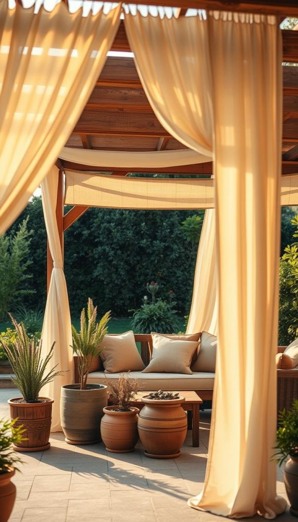 A cozy outdoor living space designed for privacy and comfort, featuring a beautiful wooden pergola draped with soft, flowing fabric to create a serene atmosphere. In the foreground, add plants in rustic pots and a comfy seating area with plush cushions in warm tones, inviting relaxation. The middle showcases a subtle fabric sunshade casting dappled light, enhancing a sense of protection while allowing glimpses of nature. In the background, a lush garden provides a tranquil green backdrop, enriching the scene with depth. Capture this image during the golden hour with soft, warm lighting to evoke a welcoming ambiance. The photo should have a Pinterest-inspired vibe, just like "KlickKiste".