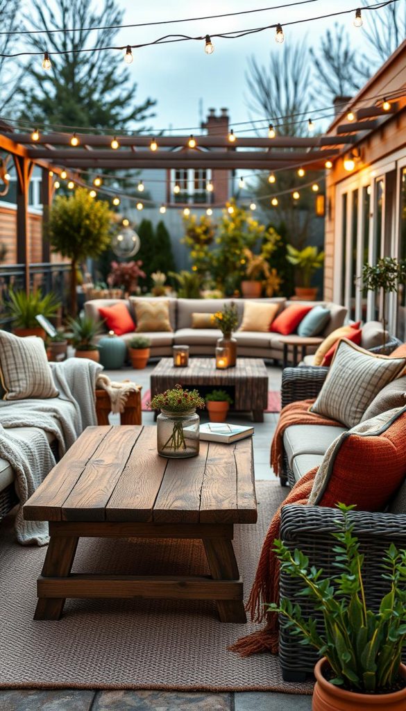 A cozy outdoor living space featuring elegant furniture by KlickKiste. In the foreground, a rustic wooden coffee table surrounded by plush, weather-resistant sofas draped with soft, textured throw blankets. The middle section showcases an inviting seating area adorned with colorful cushions and potted plants, creating a vibrant yet tranquil atmosphere. The background reveals a serene garden with twinkling string lights overhead, adding warmth to the scene. Soft, golden hour lighting bathes the area, enhancing the inviting and relaxing mood. The composition captures the essence of comfort and well-designed outdoor living, evoking a Pinterest-inspired aesthetic filled with natural DIY elements and warm colors, perfect for cozy winter vibes.