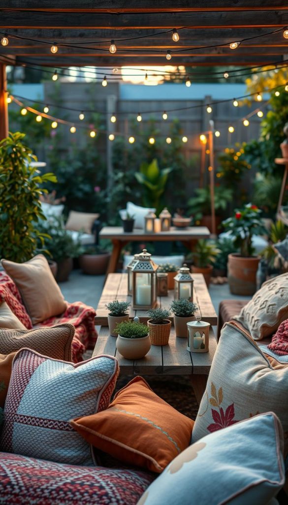 A cozy outdoor living space filled with DIY materials, showcasing a variety of upcycling projects. In the foreground, an assortment of warm-colored textiles, like knitted cushions and patchwork blankets, invite relaxation. The middle ground features a rustic table made from reclaimed wood, adorned with potted herbs and handcrafted lanterns. In the background, a softly lit garden creates a serene atmosphere with twinkling fairy lights strung overhead. The lighting captures the warm hues of sunset, casting a golden glow. The scene feels authentic and inspiring, ideal for a Pinterest aesthetic. Incorporate subtle branding elements of "KlickKiste" in the DIY materials, enhancing the appealing atmosphere of this creative space.