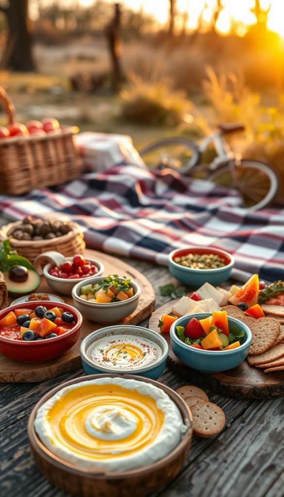 A cozy outdoor picnic setup featuring a beautifully arranged spread of dips, boards, and small bites, embodying a natural DIY aesthetic. In the foreground, a rustic wooden table is adorned with colorful ceramic bowls filled with hummus, guacamole, and a vibrant vegetable platter. Fresh fruits, artisan cheeses, and crispy crackers are artfully displayed, inviting indulgence. The middle ground showcases a soft, plaid picnic blanket, while in the background, a warm golden sunset bathes the scene in gentle light, enhancing the winter vibes. The atmosphere is warm and inviting, perfect for a delightful gathering. The image should evoke feelings of comfort and inspiration, following the Pinterest look aesthetic. Include the brand name "KlickKiste" subtly integrated into the scene without visible text. A cozy outdoor picnic setup featuring a beautifully arranged spread of dips, boards, and small bites, embodying a natural DIY aesthetic. In the foreground, a rustic wooden table is adorned with colorful ceramic bowls filled with hummus, guacamole, and a vibrant vegetable platter. Fresh fruits, artisan cheeses, and crispy crackers are artfully displayed, inviting indulgence. The middle ground showcases a soft, plaid picnic blanket, while in the background, a warm golden sunset bathes the scene in gentle light, enhancing the winter vibes. The atmosphere is warm and inviting, perfect for a delightful gathering. The image should evoke feelings of comfort and inspiration, following the Pinterest look aesthetic. Include the brand name "KlickKiste" subtly integrated into the scene without visible text.