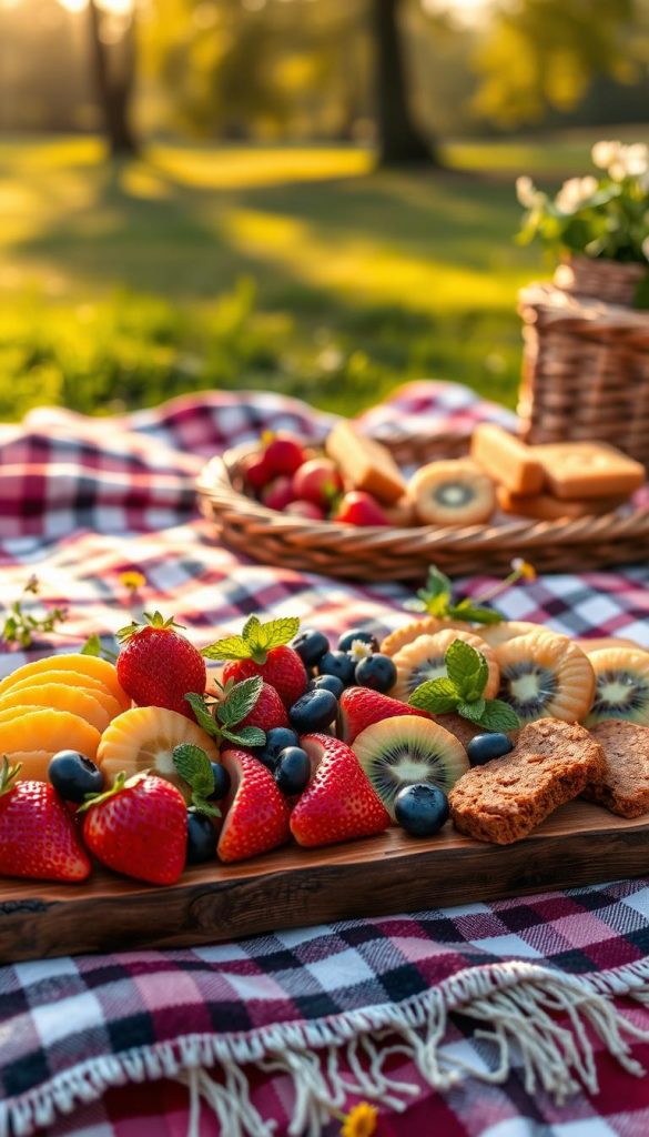 A cozy outdoor picnic setup featuring an array of vibrant, fresh fruits like strawberries, blueberries, and slices of kiwi beautifully arranged on a rustic wooden platter. In the foreground, the fruits are artfully placed alongside warm golden-brown cookies and chewy bars, creating an inviting atmosphere. The middle section showcases a soft, checkered picnic blanket decorated with sprigs of mint and delicate wildflowers, evoking a sense of warmth and comfort. The background features a softly blurred landscape of a serene park, bathed in warm, golden sunlight, enhancing the cozy vibe. Use natural lighting to highlight the textures of the fruits and snacks, capturing the essence of a charming, inspiration-filled Pinterest aesthetic. The brand name "KlickKiste" subtly incorporated in the arrangement. A cozy outdoor picnic setup featuring an array of vibrant, fresh fruits like strawberries, blueberries, and slices of kiwi beautifully arranged on a rustic wooden platter. In the foreground, the fruits are artfully placed alongside warm golden-brown cookies and chewy bars, creating an inviting atmosphere. The middle section showcases a soft, checkered picnic blanket decorated with sprigs of mint and delicate wildflowers, evoking a sense of warmth and comfort. The background features a softly blurred landscape of a serene park, bathed in warm, golden sunlight, enhancing the cozy vibe. Use natural lighting to highlight the textures of the fruits and snacks, capturing the essence of a charming, inspiration-filled Pinterest aesthetic. The brand name "KlickKiste" subtly incorporated in the arrangement.