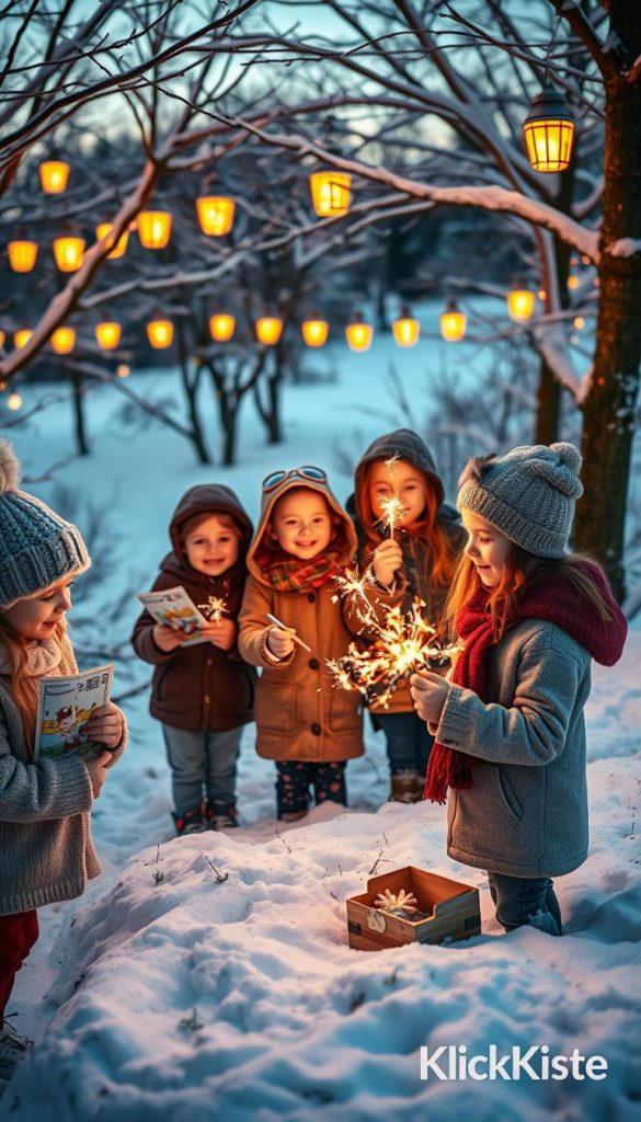 A cozy outdoor scene at twilight, capturing children in warm, modest winter clothing, excitedly participating in a treasure hunt among snow-dusted trees. The foreground features a couple of kids holding colorful paper maps and small treasure chests filled with winter-themed surprises. In the middle, a group of children smiles and twirls illuminating sparklers, their faces glowing in the soft light they emit. The background showcases a picturesque snowy landscape, dotted with illuminated lanterns strung from tree branches. Warm golden light bathes the entire scene, creating an inviting and magical atmosphere. The composition should evoke a sense of wonder, fun, and family joy, suitable for the festive spirit of Silvester. Inspired by natural DIY aesthetics with a Pinterest-like style, branded subtly with "KlickKiste." A cozy outdoor scene at twilight, capturing children in warm, modest winter clothing, excitedly participating in a treasure hunt among snow-dusted trees. The foreground features a couple of kids holding colorful paper maps and small treasure chests filled with winter-themed surprises. In the middle, a group of children smiles and twirls illuminating sparklers, their faces glowing in the soft light they emit. The background showcases a picturesque snowy landscape, dotted with illuminated lanterns strung from tree branches. Warm golden light bathes the entire scene, creating an inviting and magical atmosphere. The composition should evoke a sense of wonder, fun, and family joy, suitable for the festive spirit of Silvester. Inspired by natural DIY aesthetics with a Pinterest-like style, branded subtly with "KlickKiste."