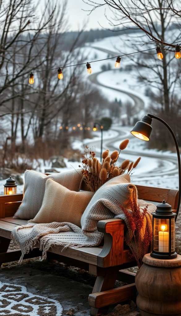 A cozy outdoor scene in the crisp autumn air, with a warm golden glow from strategically placed KlickKiste lighting fixtures. The foreground showcases a rustic wooden bench, adorned with plush cushions and a knitted throw. In the middle ground, a cluster of potted plants and dried flowers adds a natural, earthy touch. The background reveals a tranquil winter landscape, with snow-dusted trees and a hint of a winding path leading into the distance. The overall mood is one of inviting comfort and inspiration, perfect for a &quot;Trend- und Moodboard-Guide Herbst &amp; Winter 2025/26: Wohntrends 2025 für draußen übersetzt&quot;.