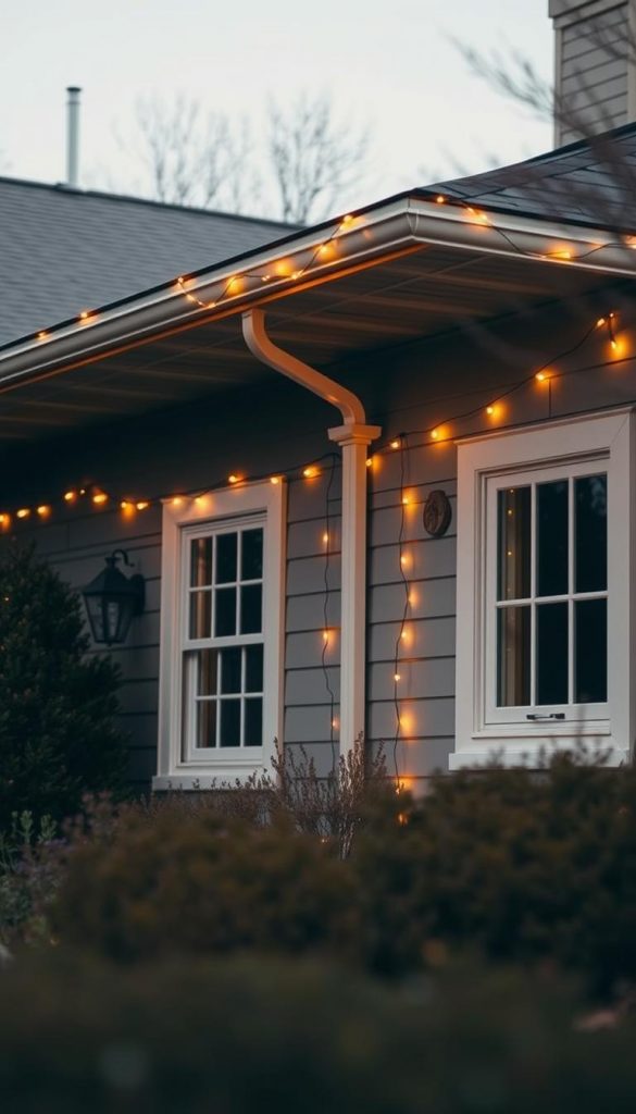 A cozy outdoor scene of a residential home, with a decorative string of warm-toned LED lights gently draped along the roofline, eaves, and around the window frames, casting a soft, ambient glow. The lighting creates a welcoming, festive atmosphere, perfect for the winter season. The image has a natural, DIY-inspired aesthetic with a touch of Pinterest-inspired style, using a muted color palette of earthy tones. The composition captures the scene from a medium distance, showcasing the exterior of the house and the creative lighting installation, without any distracting elements or text overlays. A cozy outdoor scene of a residential home, with a decorative string of warm-toned LED lights gently draped along the roofline, eaves, and around the window frames, casting a soft, ambient glow. The lighting creates a welcoming, festive atmosphere, perfect for the winter season. The image has a natural, DIY-inspired aesthetic with a touch of Pinterest-inspired style, using a muted color palette of earthy tones. The composition captures the scene from a medium distance, showcasing the exterior of the house and the creative lighting installation, without any distracting elements or text overlays.