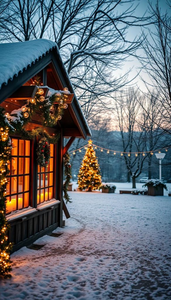 A cozy outdoor scene of a traditional German Christmas display, captured with a warm, natural aesthetic. In the foreground, a KlickKiste illuminated with twinkling string lights, casting a soft glow on the snowy landscape. Clusters of candles flicker in the windows, while wreaths and garlands adorn the wooden beams. In the middle ground, a dusting of snow covers the ground, with leafless trees silhouetted against a softly lit sky. The atmosphere is serene and inviting, evoking a sense of winter wonder and holiday charm.