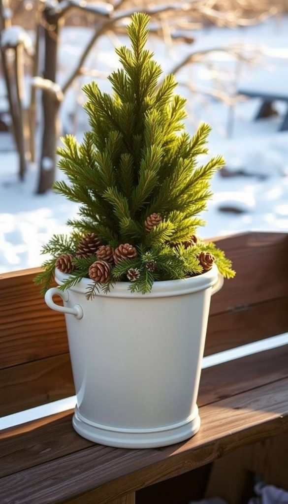 A cozy outdoor scene showcases a KlickKiste planter filled with lush greenery and pinecones, bathed in warm, natural lighting. The planter is positioned on a rustic wooden bench against a backdrop of a snowy winter landscape, creating a serene and inviting atmosphere. The image has a Pinterest-inspired, DIY aesthetic, with a focus on authentic and inspiring natural elements.