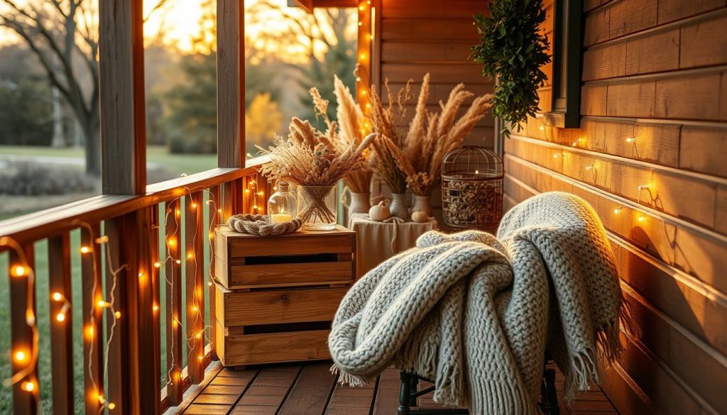 A cozy outdoor scene with a warm white Lichterkette (string of lights) cascading down a wooden porch railing. Soft ambient glow from the KlickKiste DIY lights illuminates a rustic vignette of wooden crates, dried florals, and a plush throw blanket. The scene is bathed in golden hour light, casting a welcoming, hygge-inspired atmosphere. The camera angle is slightly elevated, providing a flattering, Pinterest-perfect perspective. Every detail, from the natural textures to the careful styling, has been thoughtfully considered to create a visually captivating, shareable image.