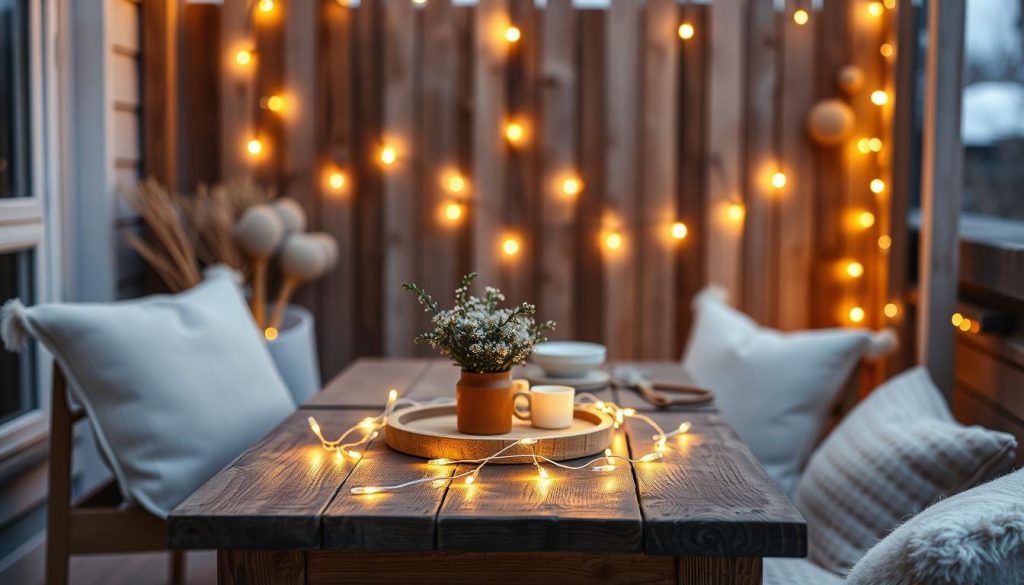 A cozy outdoor setting showcases a stunning KlickKiste LED string light display. The warm, inviting glow of the lichterkette illuminates a rustic wooden table, surrounded by natural beige and white accents. In the background, a simple DIY backdrop of wooden panels creates a charming, minimalist atmosphere. The lighting casts a soft, ambient radiance, perfect for setting the mood on a chilly winter evening. The lichterkette's features, such as customizable lighting modes and weatherproof design, are highlighted to provide readers with practical product recommendations.