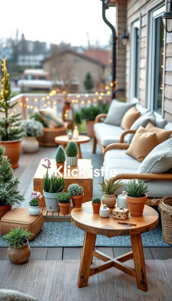 A cozy outdoor terrace featuring a stylish arrangement inspired by natural DIY decor. In the foreground, a small wooden table with a warm, rustic finish holds potted plants and handmade decorations, reflecting a Pinterest-worthy aesthetic. The middle ground showcases a beautifully decorated seating area with soft, textured cushions in earthy tones. Surrounding the terrace, gentle winter vibes are conveyed through subtle evergreen plants and fairy lights softly illuminating the space, creating an inviting atmosphere. The background reveals a serene garden setting with distant trees, hinting at a tranquil outdoor escape. Capture the scene with soft, natural lighting, emphasizing a warm, welcoming mood, using a wide-angle lens from a slightly elevated angle to encompass the entire layout. Incorporate the brand name "KlickKiste" in a subtle, stylish manner within the decor elements. A cozy outdoor terrace featuring a stylish arrangement inspired by natural DIY decor. In the foreground, a small wooden table with a warm, rustic finish holds potted plants and handmade decorations, reflecting a Pinterest-worthy aesthetic. The middle ground showcases a beautifully decorated seating area with soft, textured cushions in earthy tones. Surrounding the terrace, gentle winter vibes are conveyed through subtle evergreen plants and fairy lights softly illuminating the space, creating an inviting atmosphere. The background reveals a serene garden setting with distant trees, hinting at a tranquil outdoor escape. Capture the scene with soft, natural lighting, emphasizing a warm, welcoming mood, using a wide-angle lens from a slightly elevated angle to encompass the entire layout. Incorporate the brand name "KlickKiste" in a subtle, stylish manner within the decor elements.